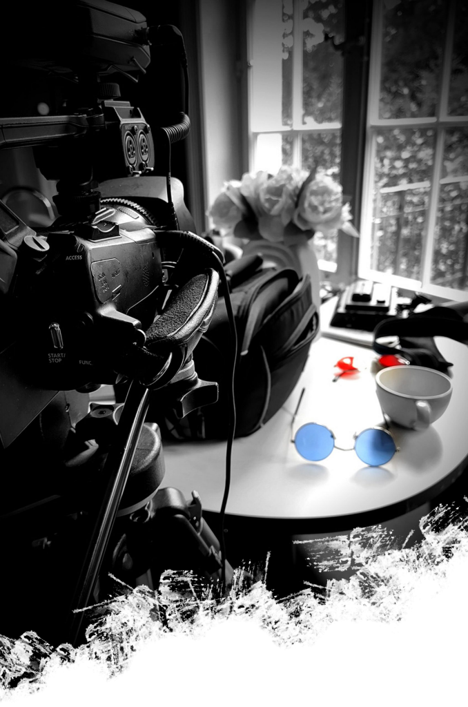 Kamera und Brille auf einem Tisch am Fenster